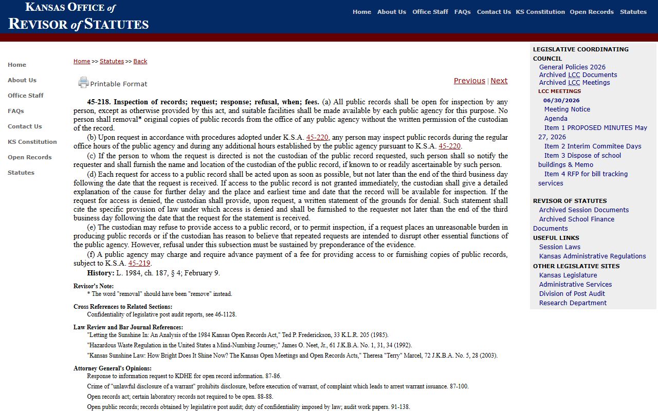 Lyon County Clerk of the District Court Kansas records inspection fee rule