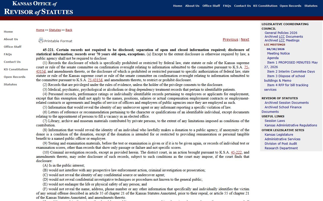 Lyon County Clerk of the District Court Kansas exempt records limits