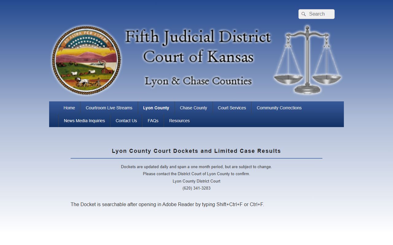 Lyon County court dockets and limited case results page