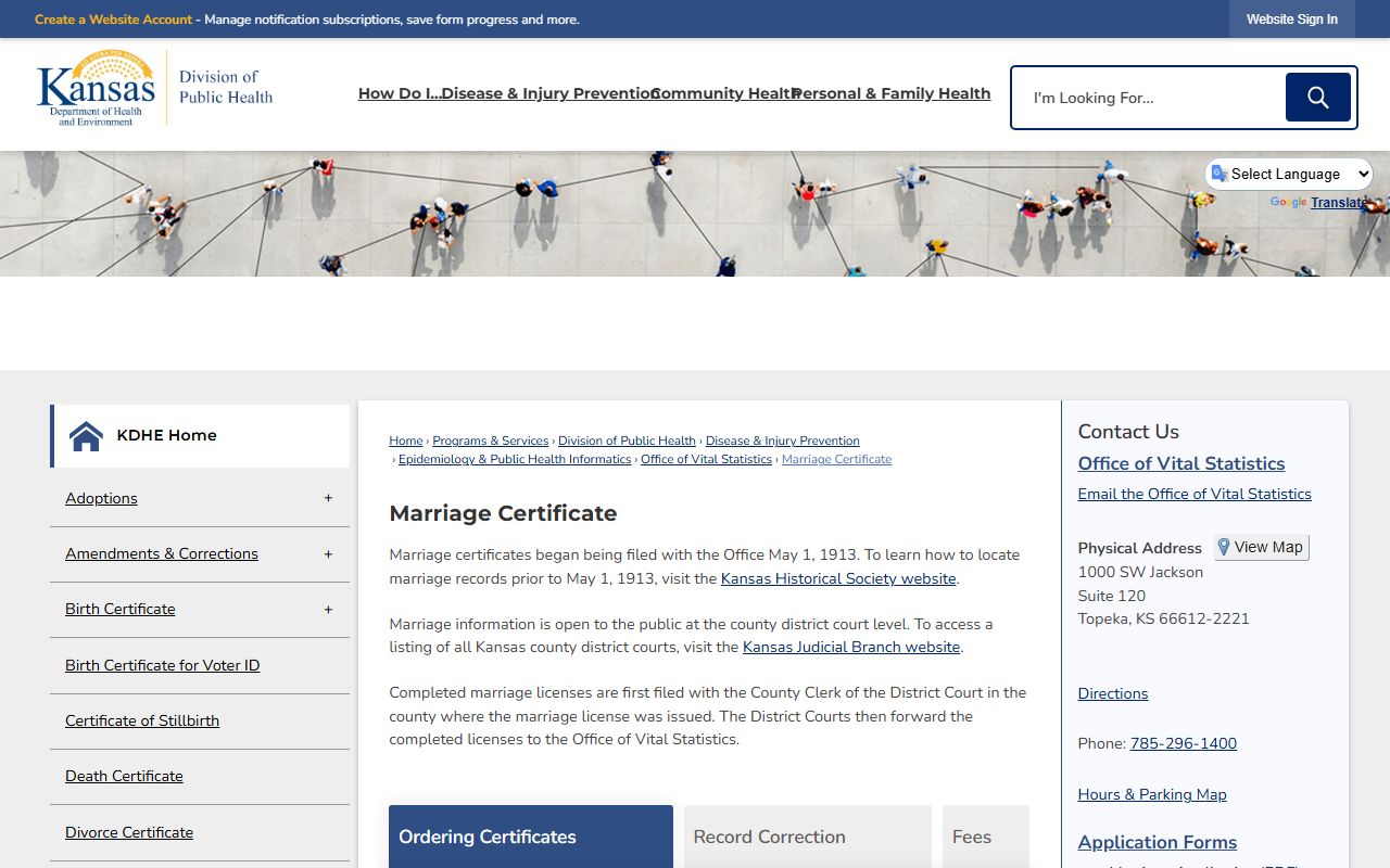 KDHE marriage certificate ordering page