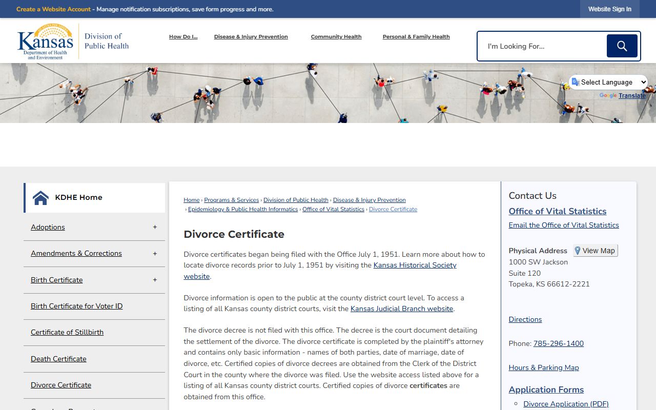 KDHE divorce certificate ordering page