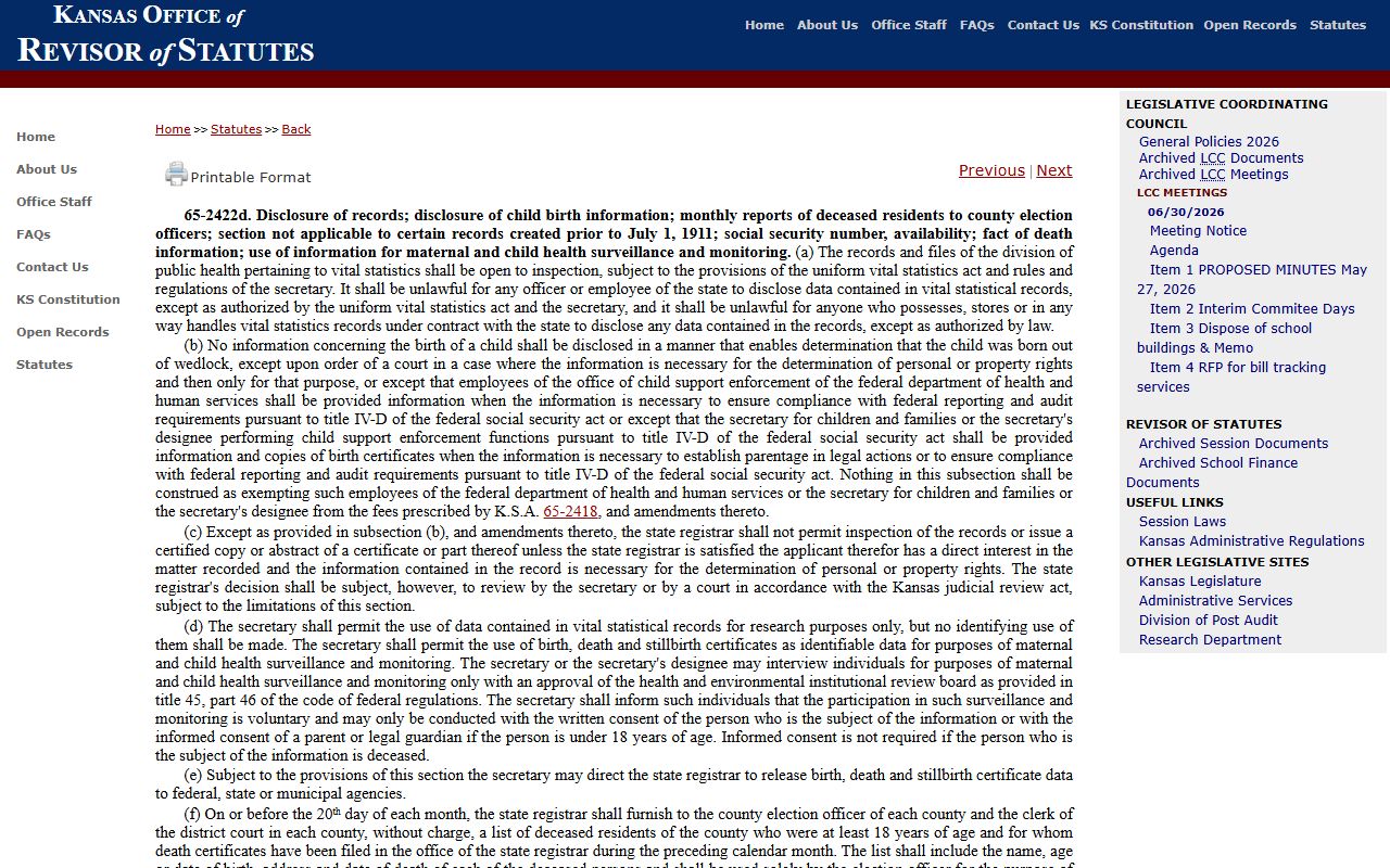 Kansas statute page for vital records certificate restrictions