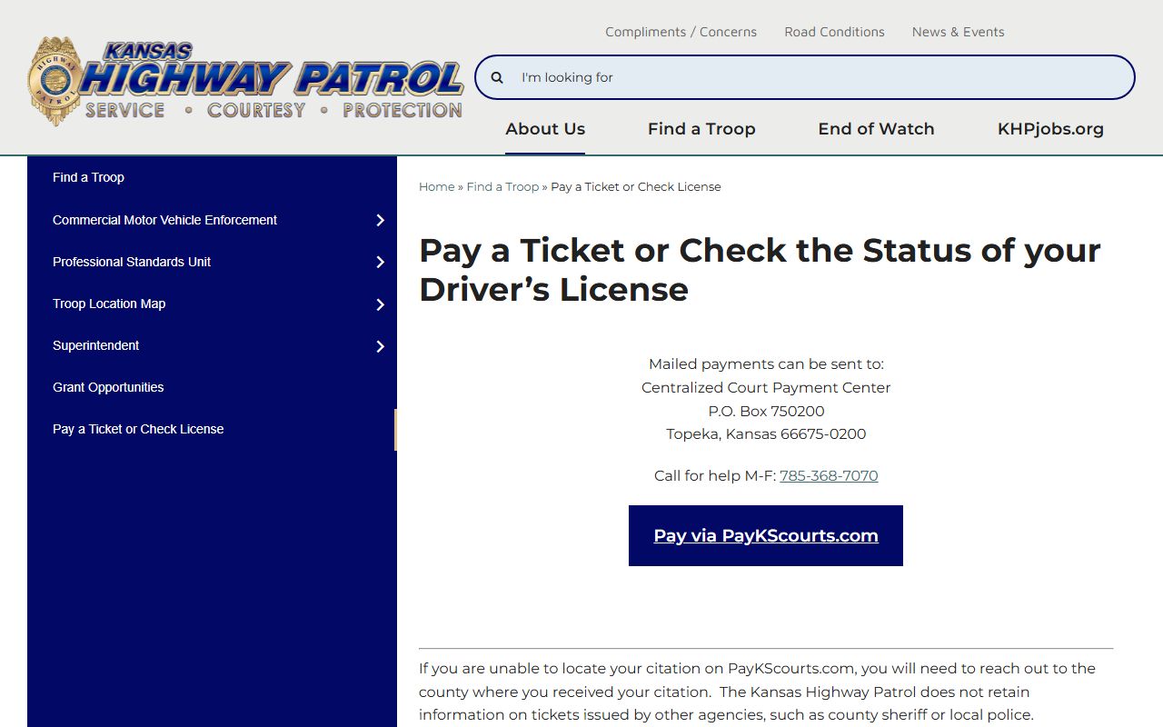 Kansas Highway Patrol pay a ticket and check license page