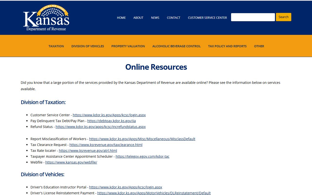 Kansas Department of Revenue online services page for driver records and license status