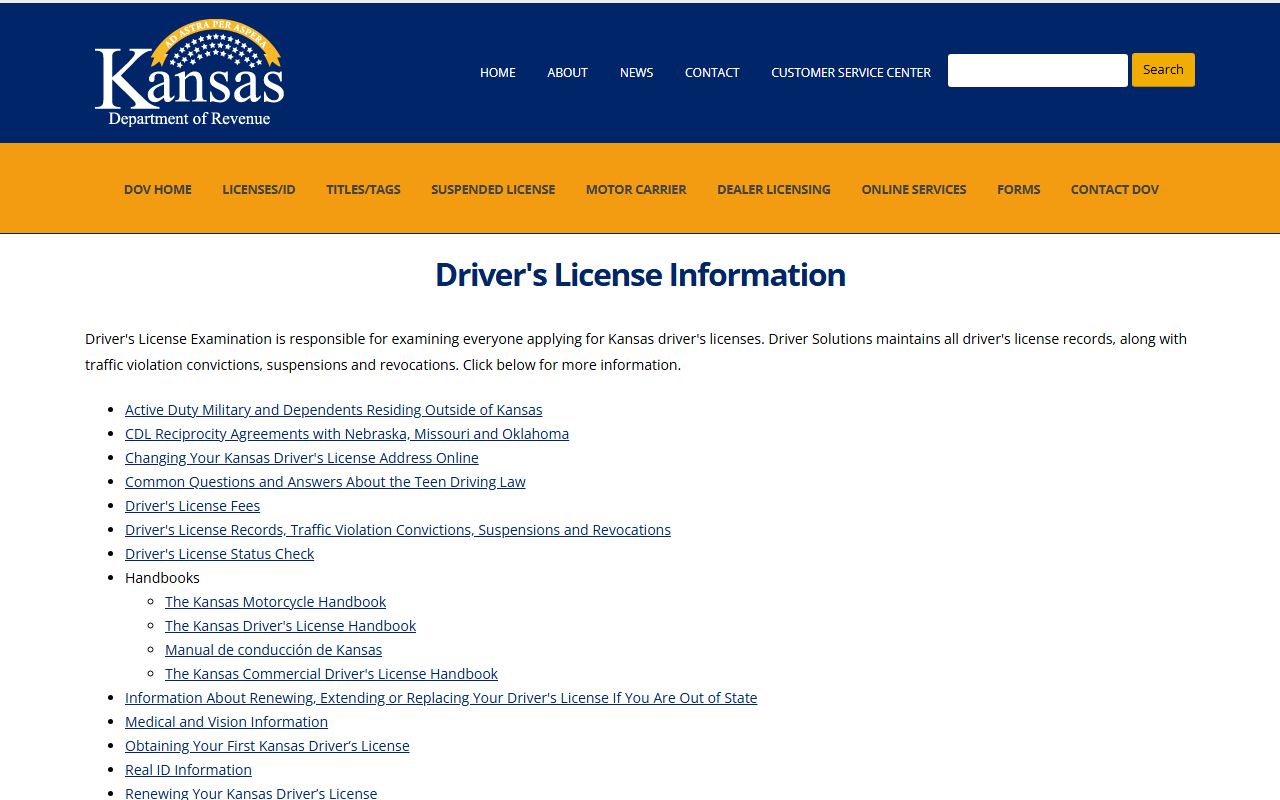 Kansas Department of Revenue driver license information page