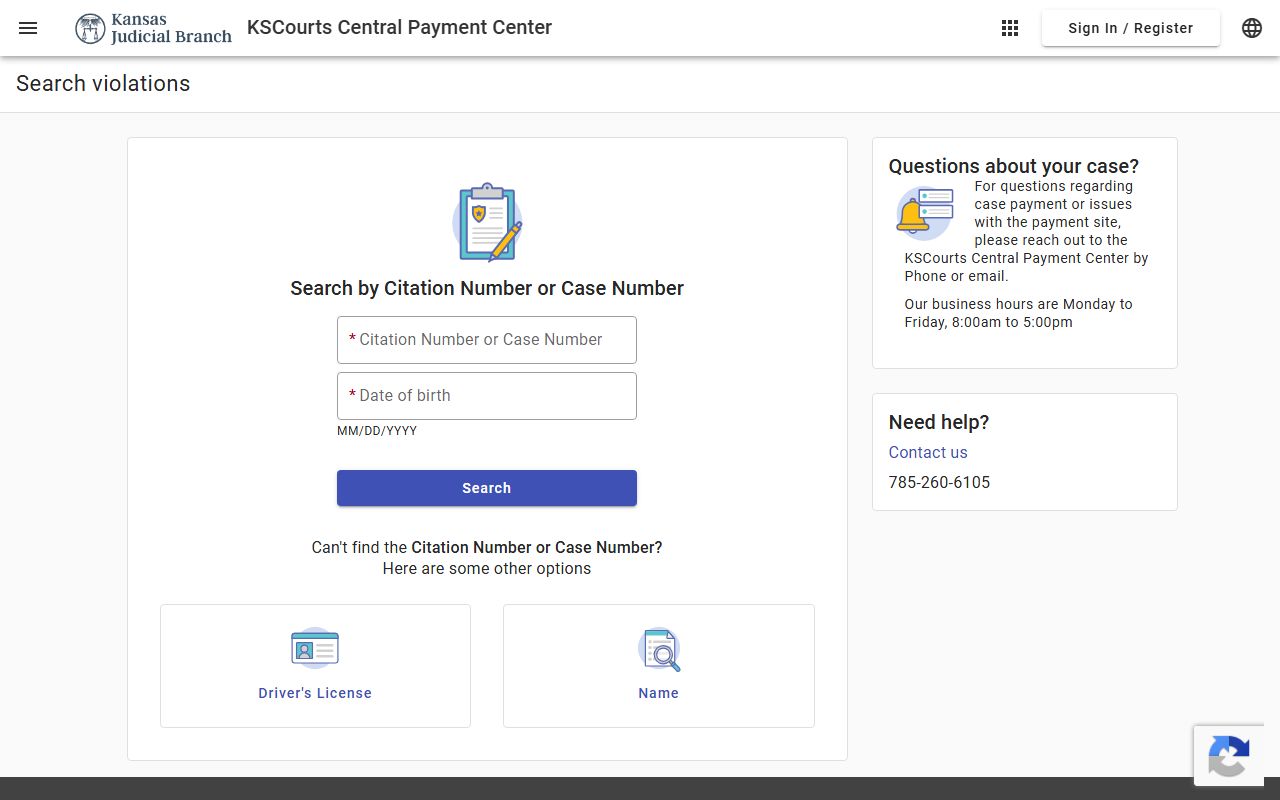 Kansas Courts Central Payment Center citation search screen