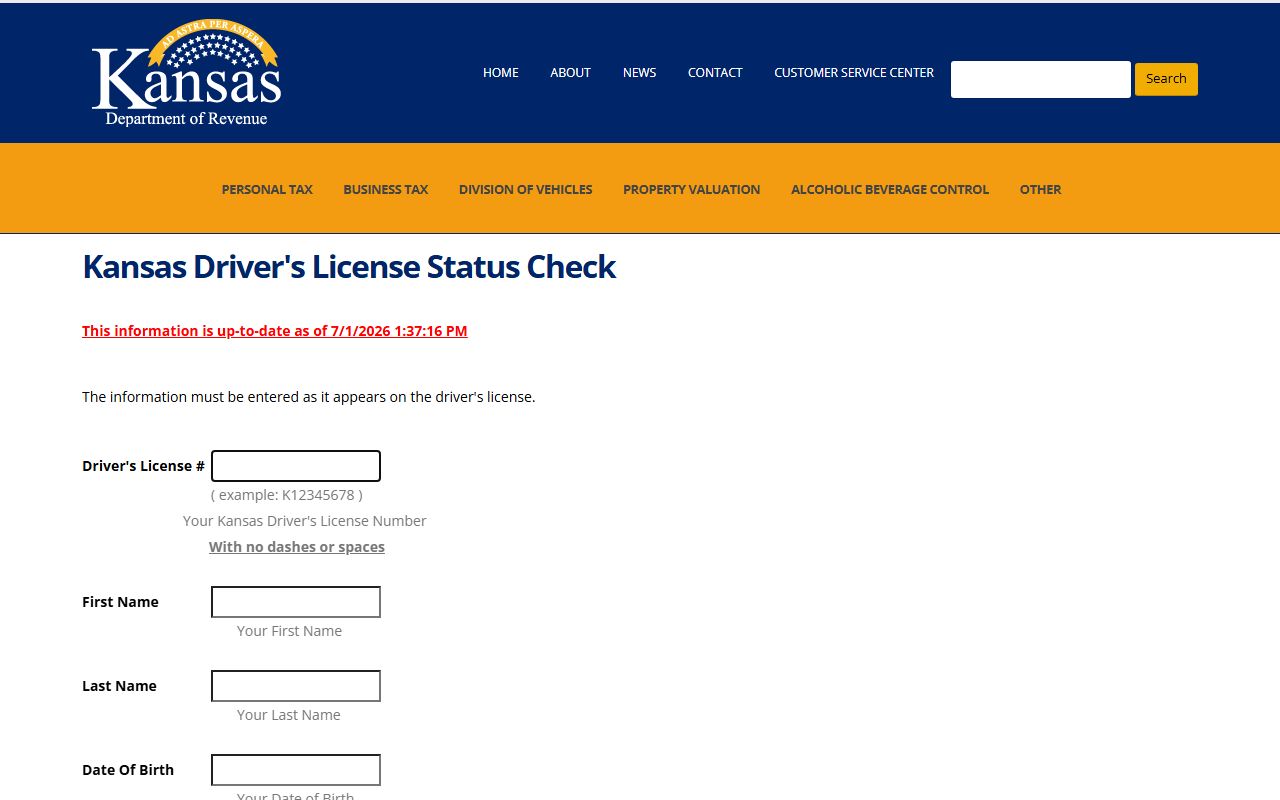 Kansas Department of Revenue driver's license status lookup